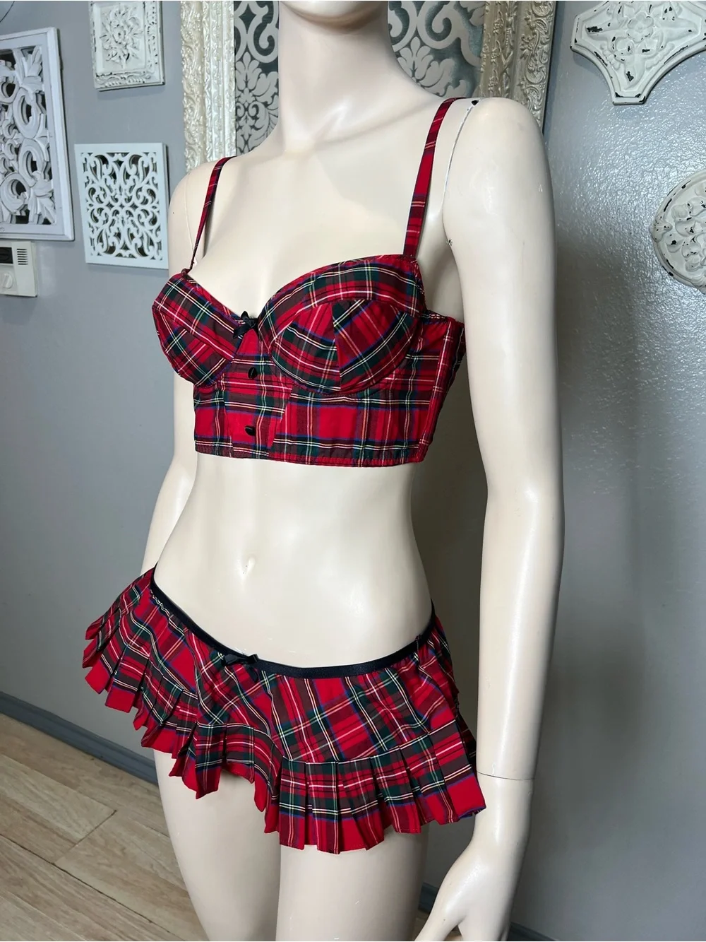 Frederick's of Hollywood Red Plaid Bustier Crop Top & Pleated Mini Skirt Set